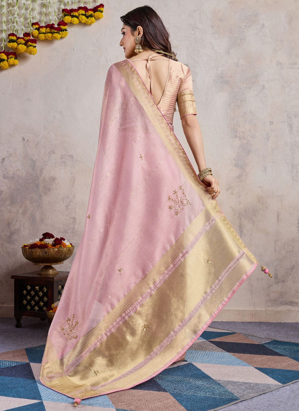 Traditional Zari Pink Linen S12958