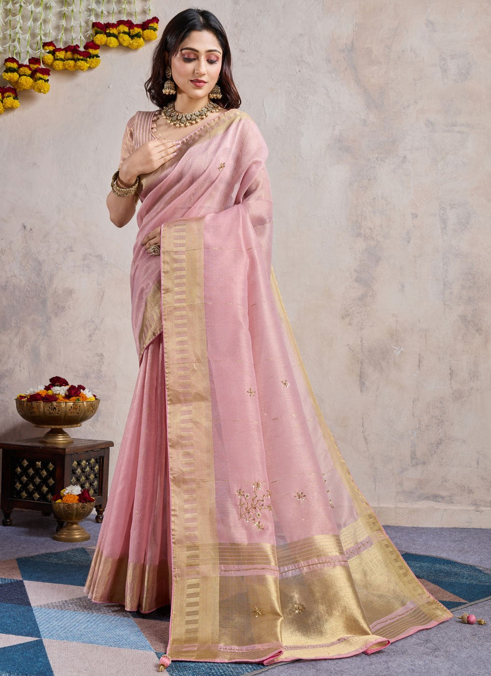 Traditional Zari Pink Linen S12958
