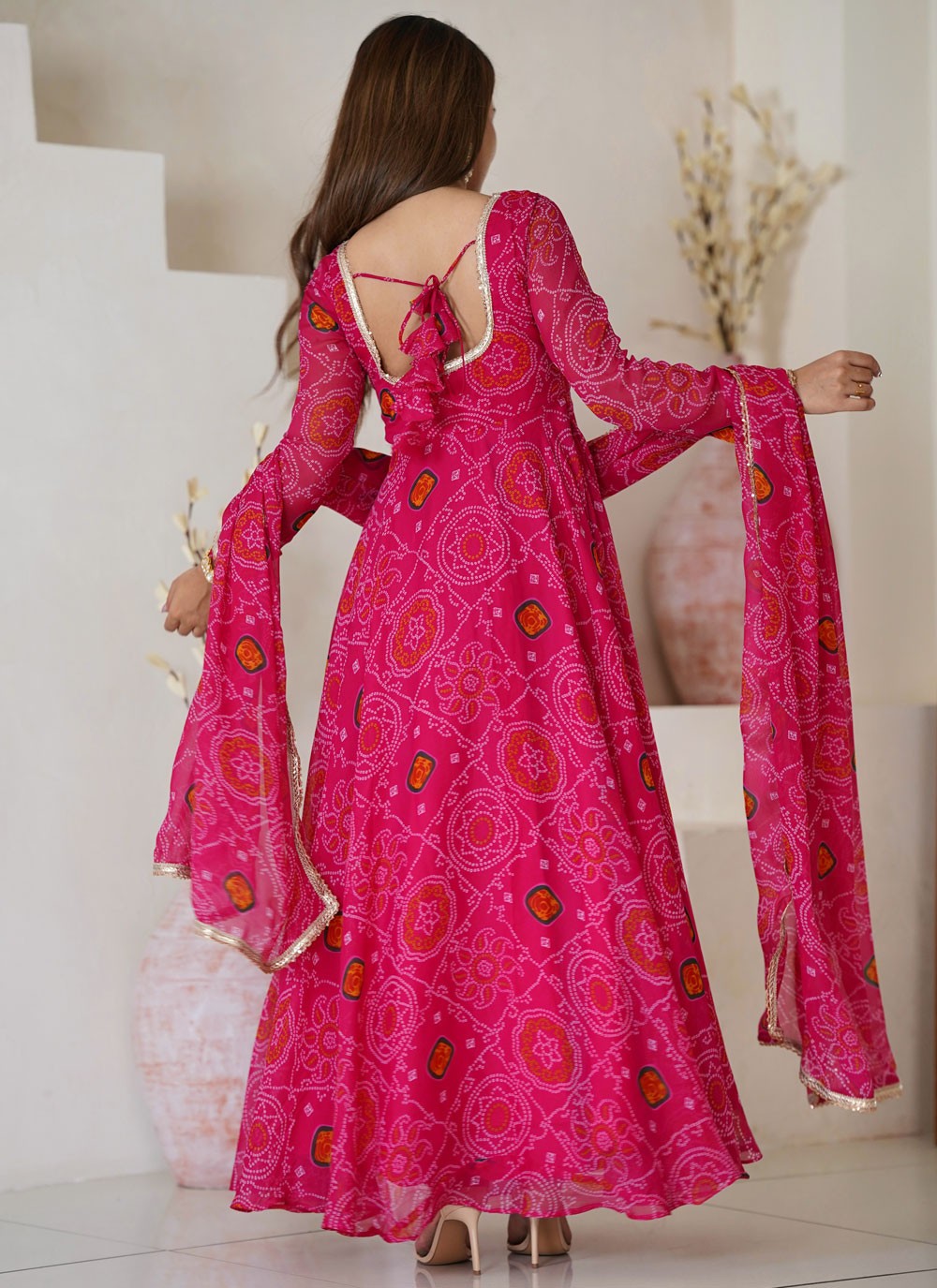 Anarkali Foliage Prints Pink Chiffon T5582