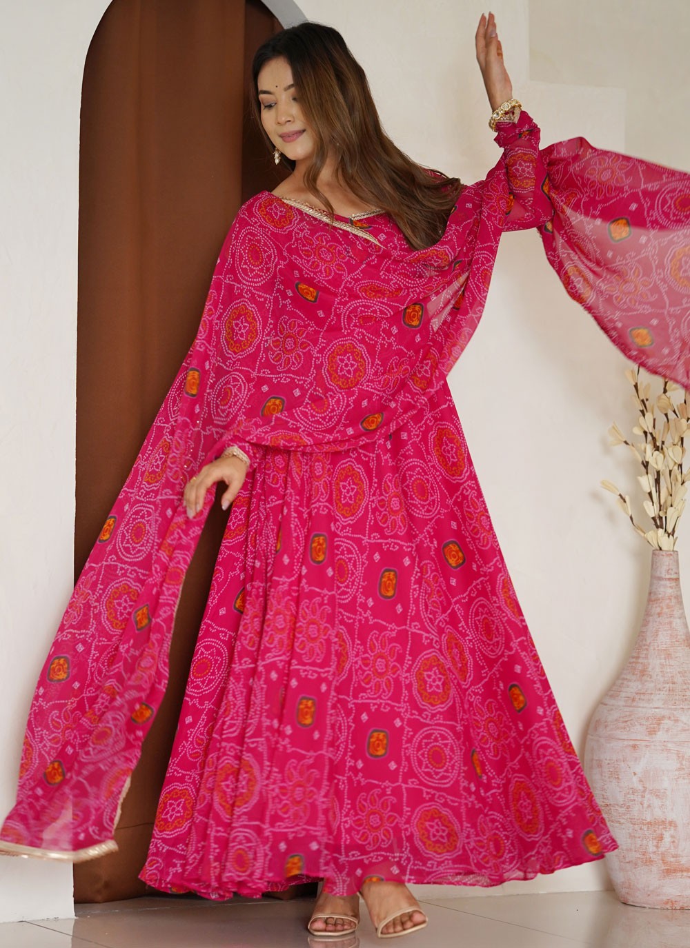 Anarkali Foliage Prints Pink Chiffon T5582