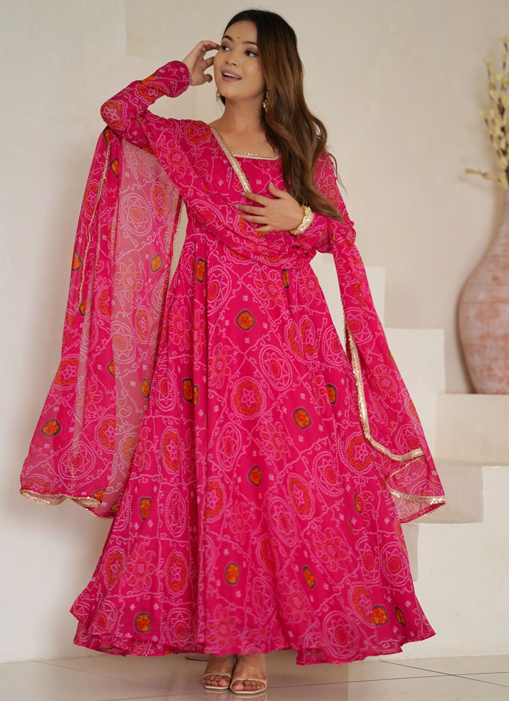 Anarkali Foliage Prints Pink Chiffon T5582