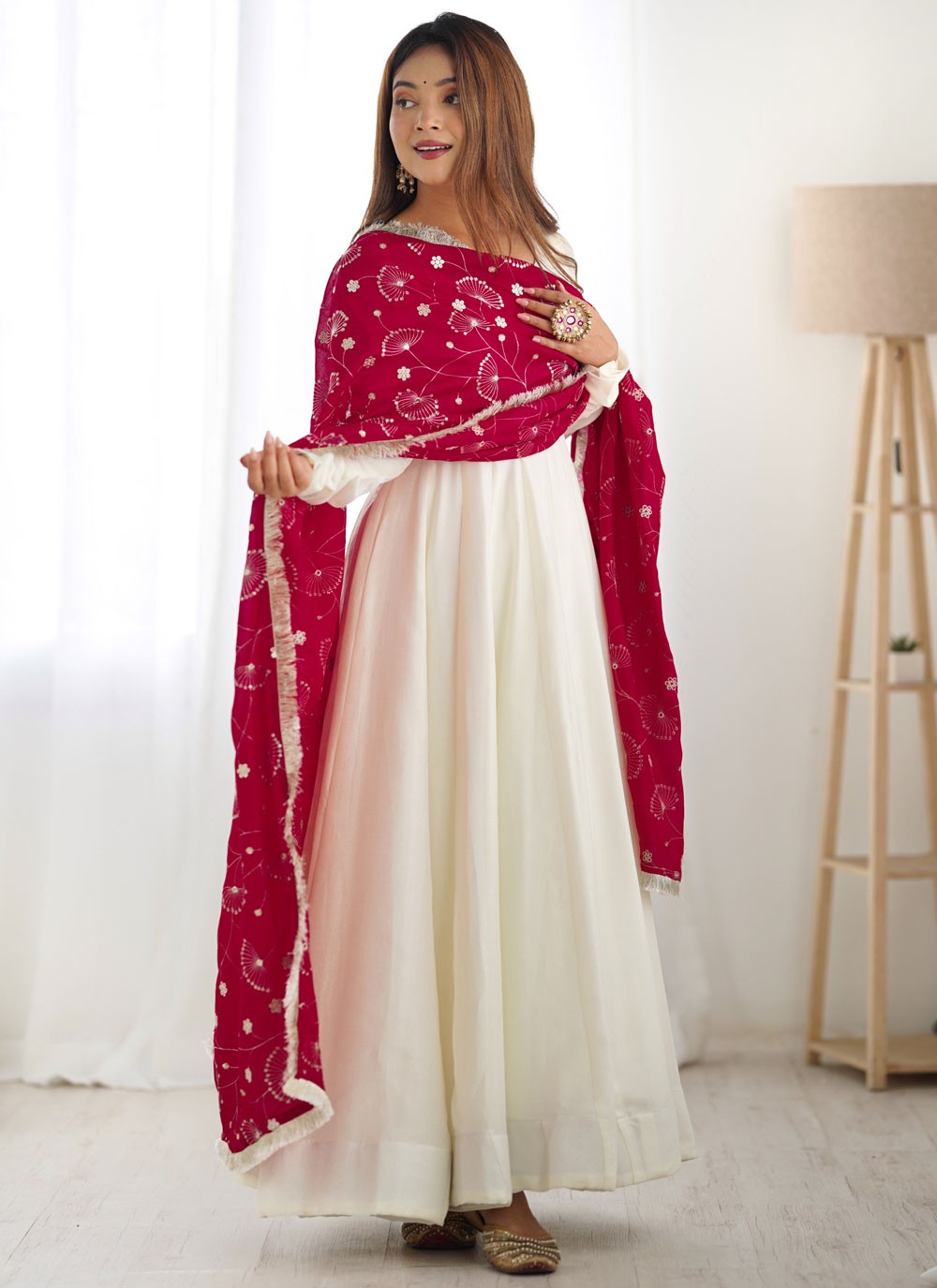 Anarkali Plain Off White Vichitra Silk T5089