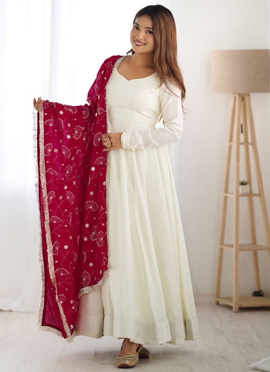 Anarkali Plain Off White Vichitra Silk T5089