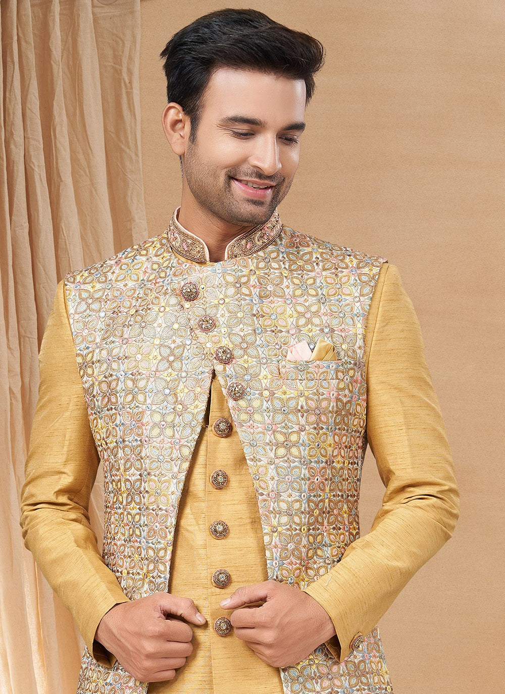 Hand Embroidery Art Silk, Lucknowi Beige, Multi Colour Indo Western - M6229