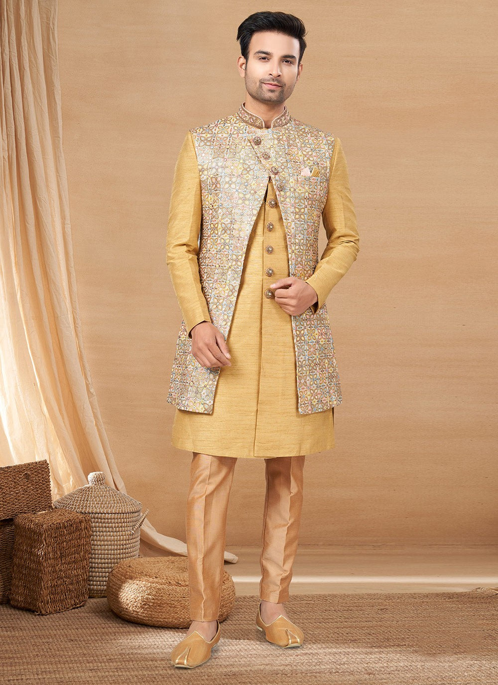 Hand Embroidery Art Silk, Lucknowi Beige, Multi Colour Indo Western - M6229