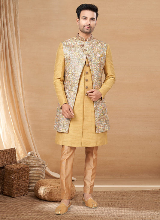 Hand Embroidery Art Silk, Lucknowi Beige, Multi Colour Indo Western - M6229