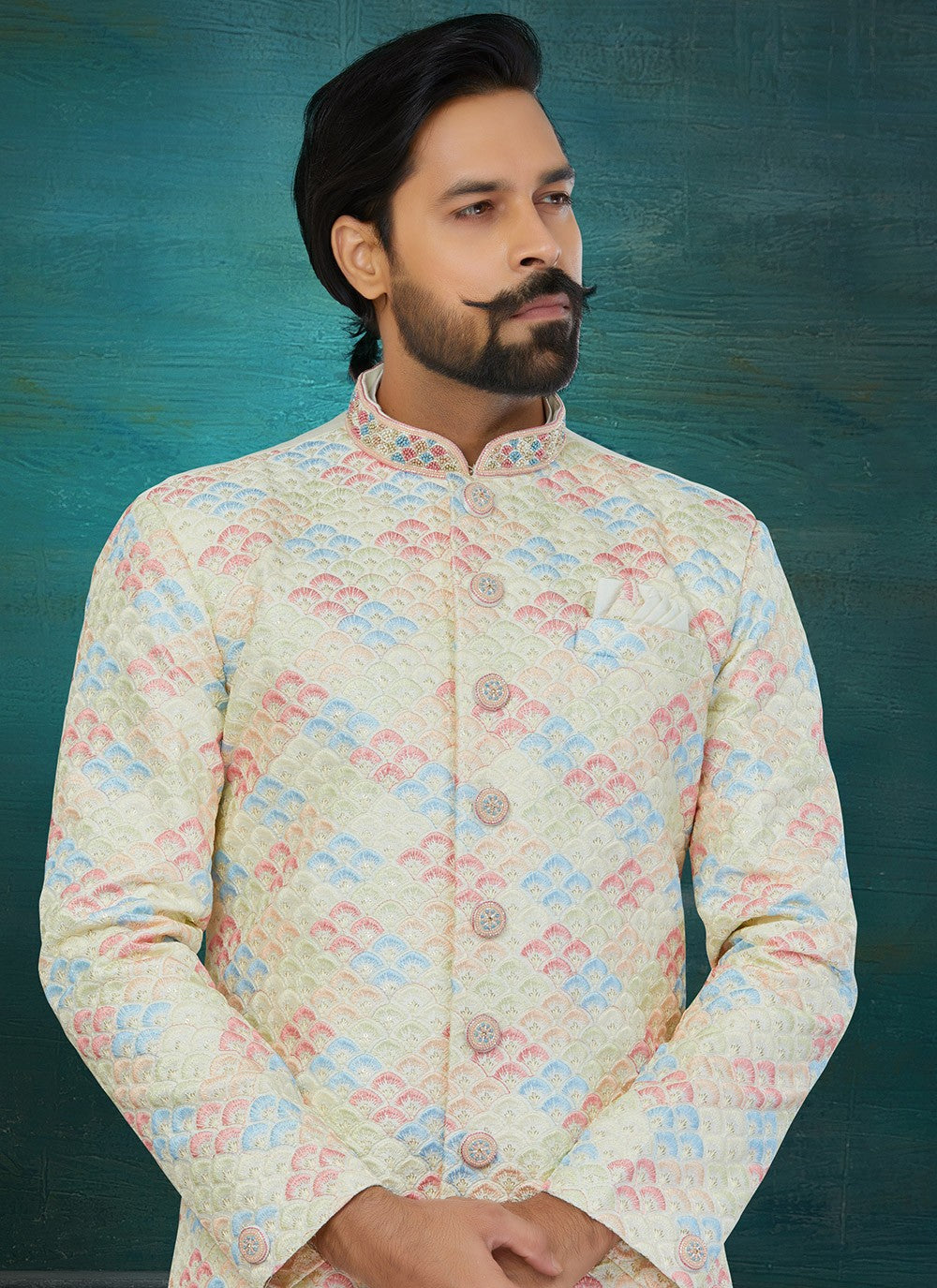 Chikankari Work Art Silk, Lucknowi Cream, Multi Colour Indo Western Sherwani - M5817