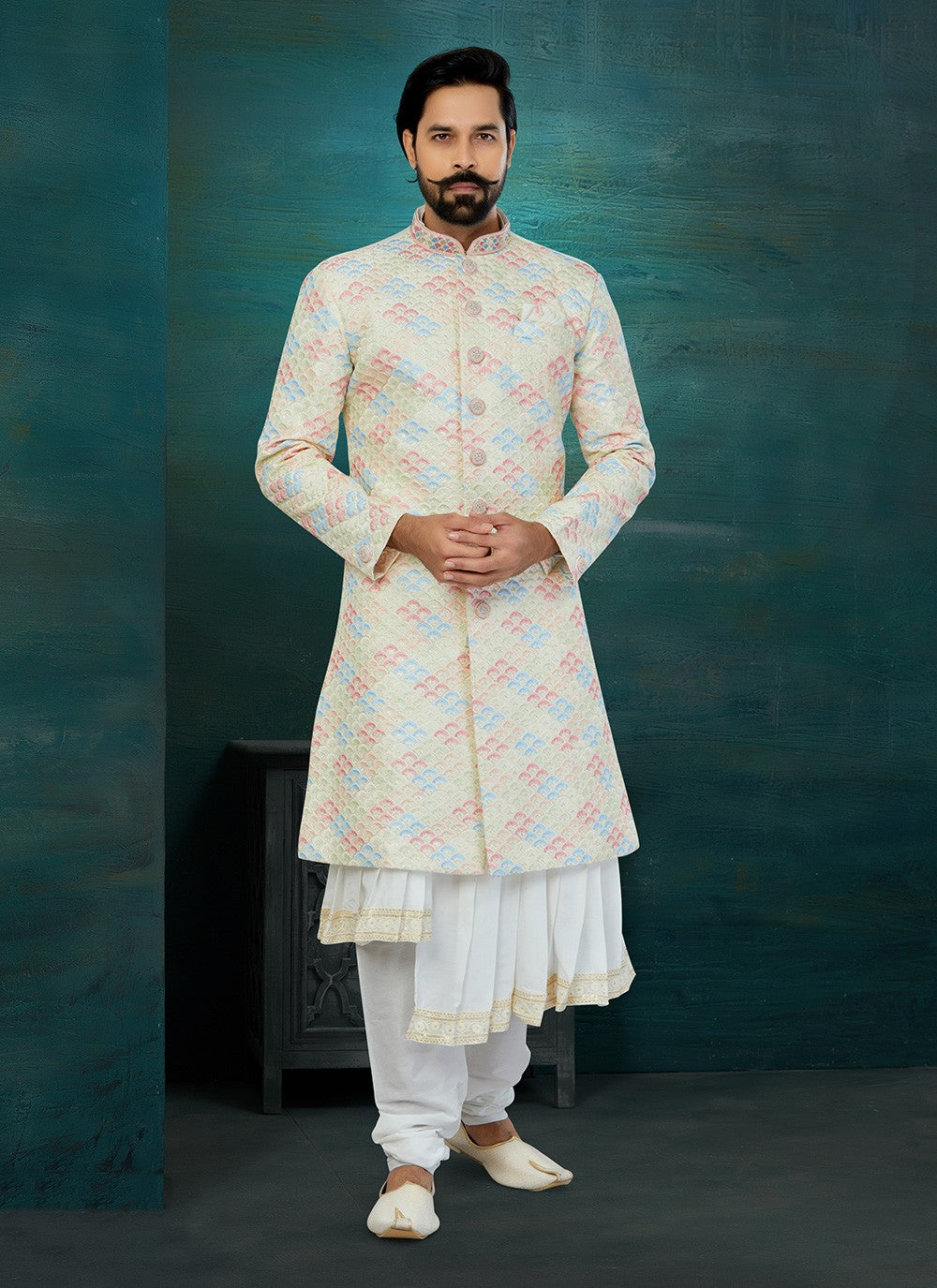 Chikankari Work Art Silk, Lucknowi Cream, Multi Colour Indo Western Sherwani - M5817