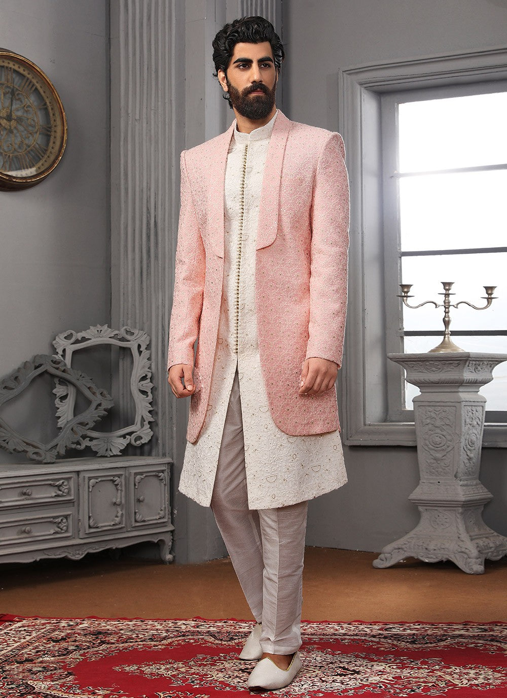 Embroidered Lucknowi Off White, Pink Jacket Style - M3313