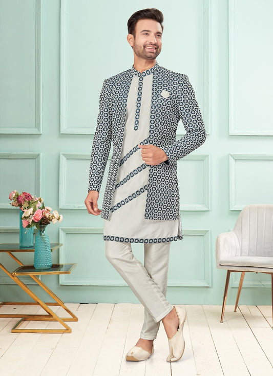Embroidered Lucknowi Blue, Off White Indo Western - M7263