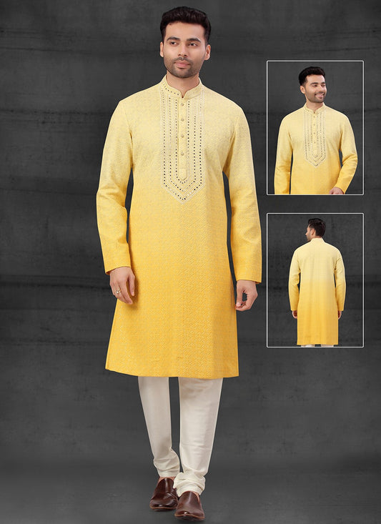 Embroidered Lucknowi Yellow Kurta Pyjama - M4098