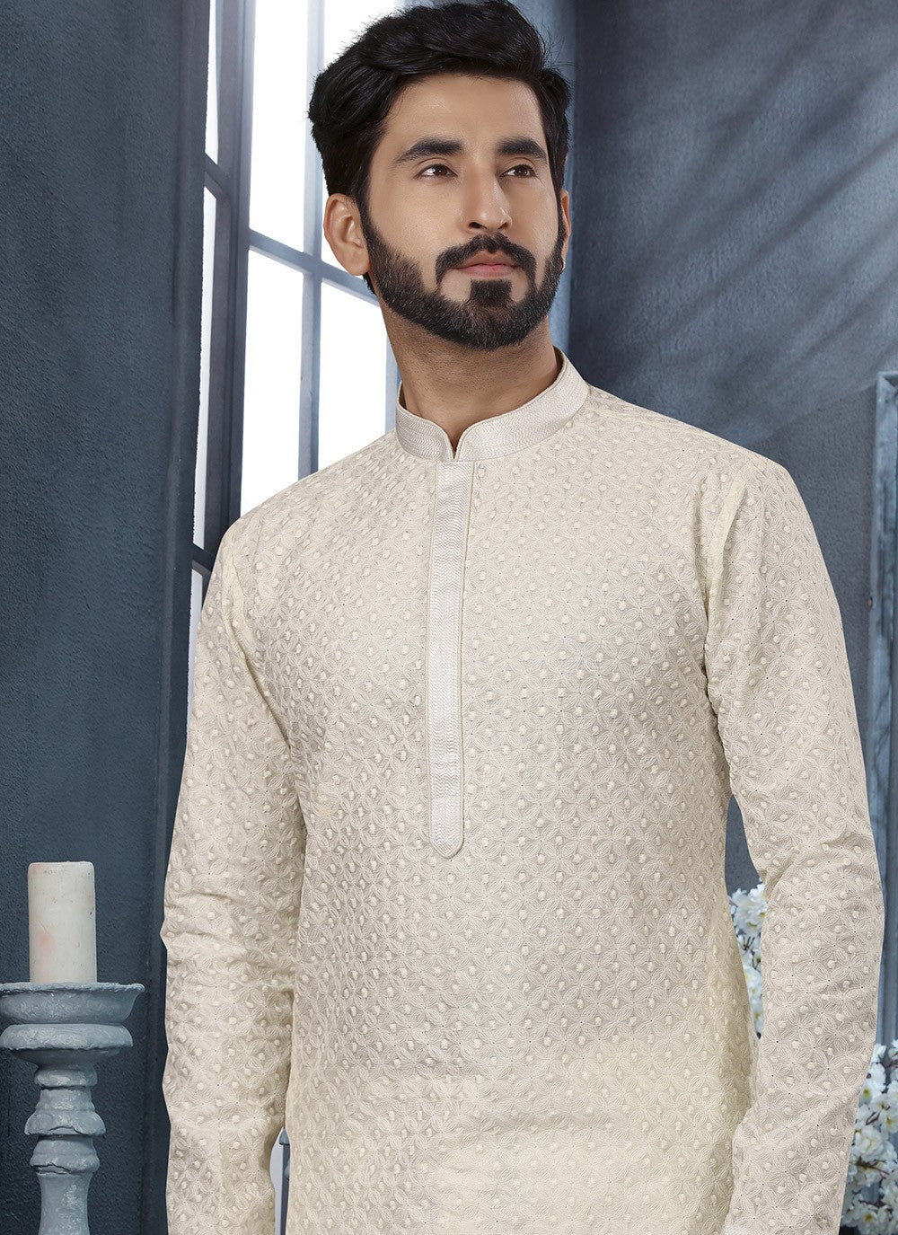Embroidered Lucknowi Off White Kurta - M5631