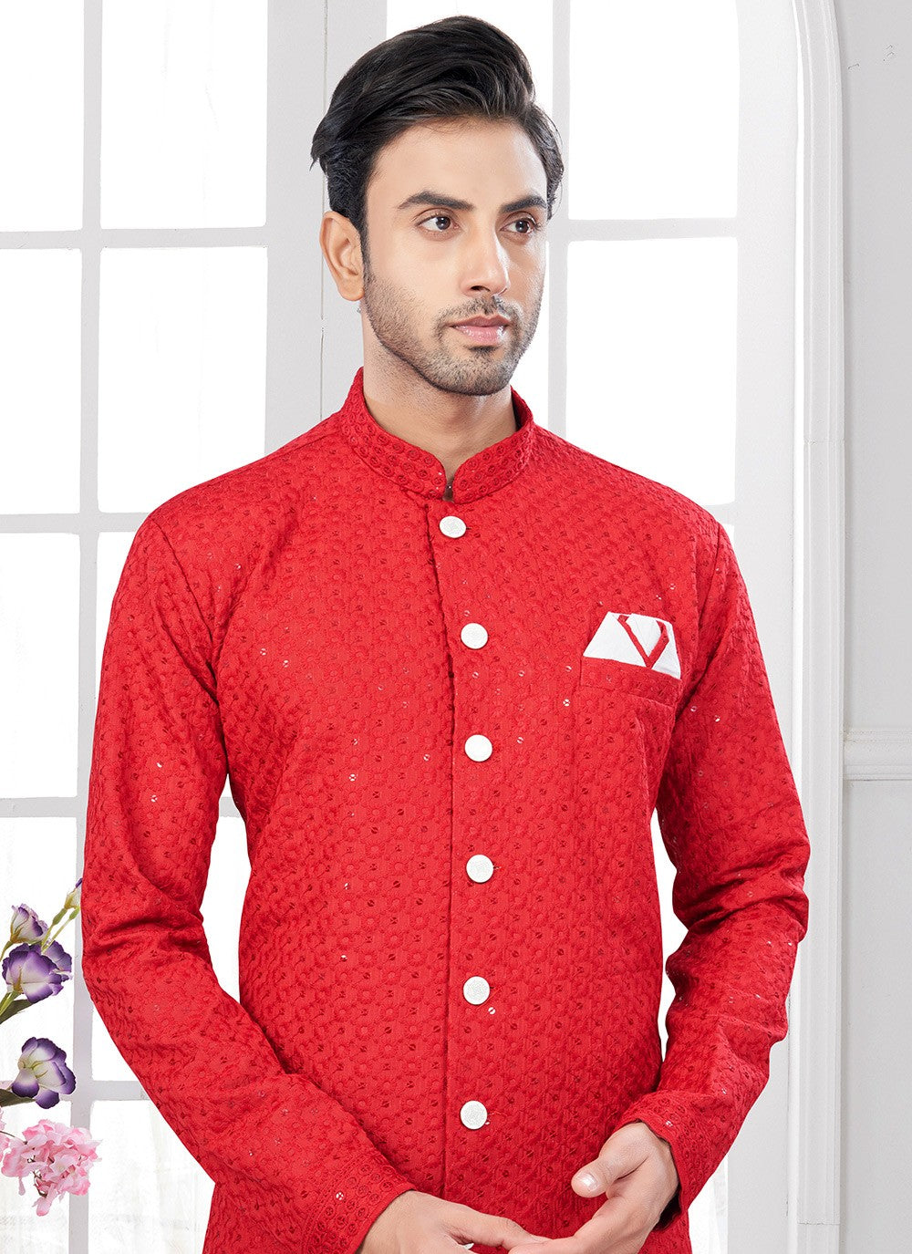 Chikankari Work Lucknowi, Rayon Red Indo Western Sherwani - M8630
