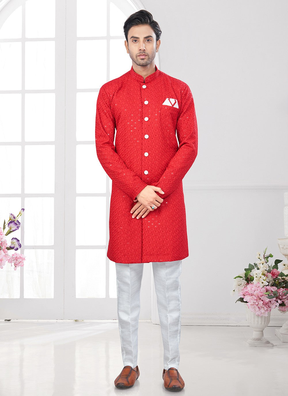 Chikankari Work Lucknowi, Rayon Red Indo Western Sherwani - M8630
