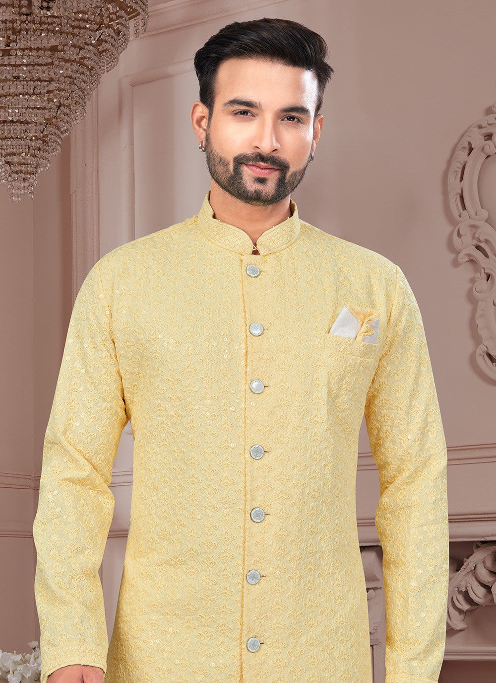 Chikankari Work Lucknowi, Rayon Yellow Indo Western Sherwani - M8632