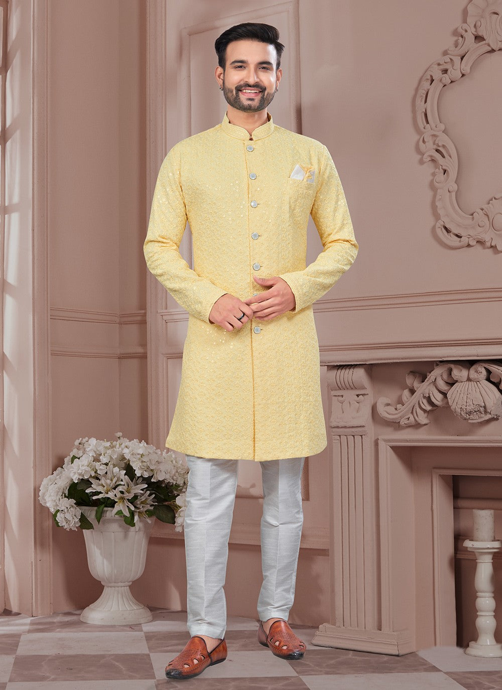 Chikankari Work Lucknowi, Rayon Yellow Indo Western Sherwani - M8632