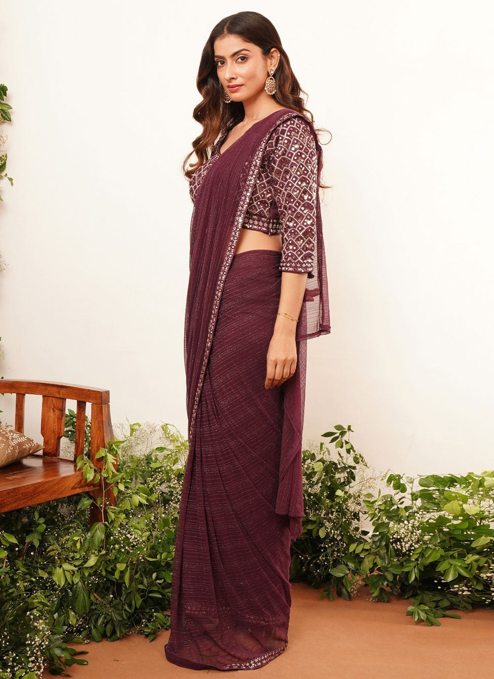 Designer Embroidered Burgundy Lycra Saree S12604
