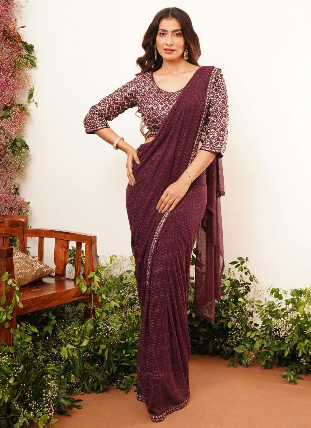 Designer Embroidered Burgundy Lycra S12604