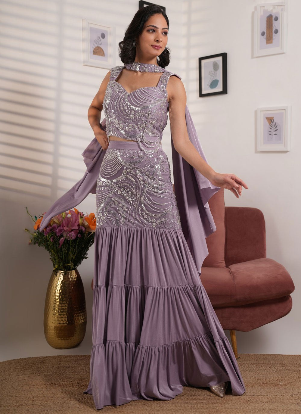 Embroidered Lycra Lavender Lehenga - L3320