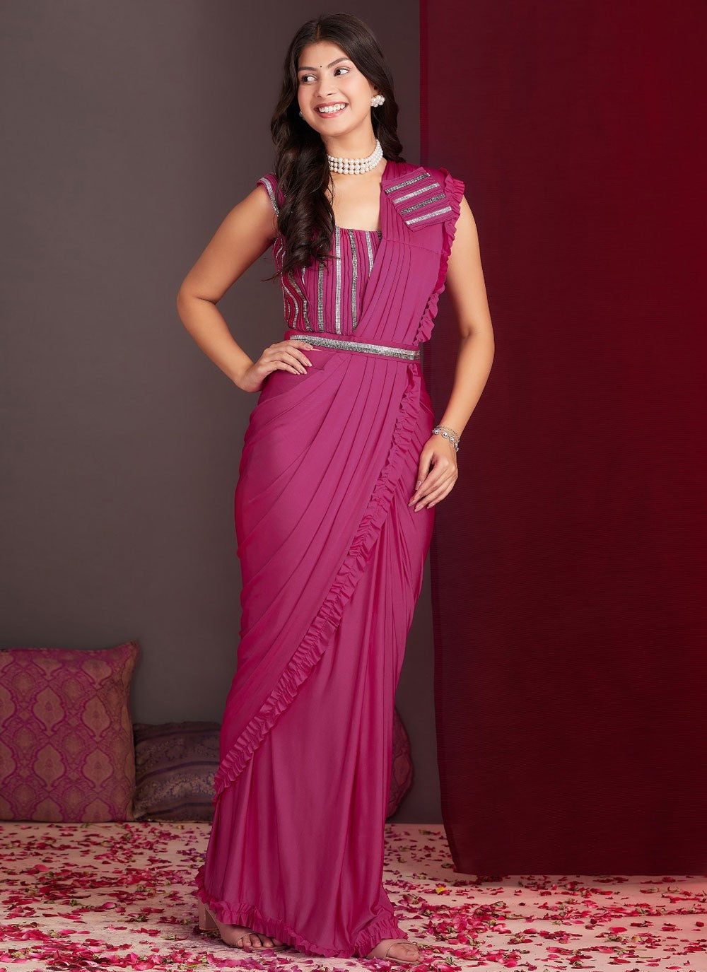 Classic Saree Plain Hot Pink, Magenta Lycra S12871