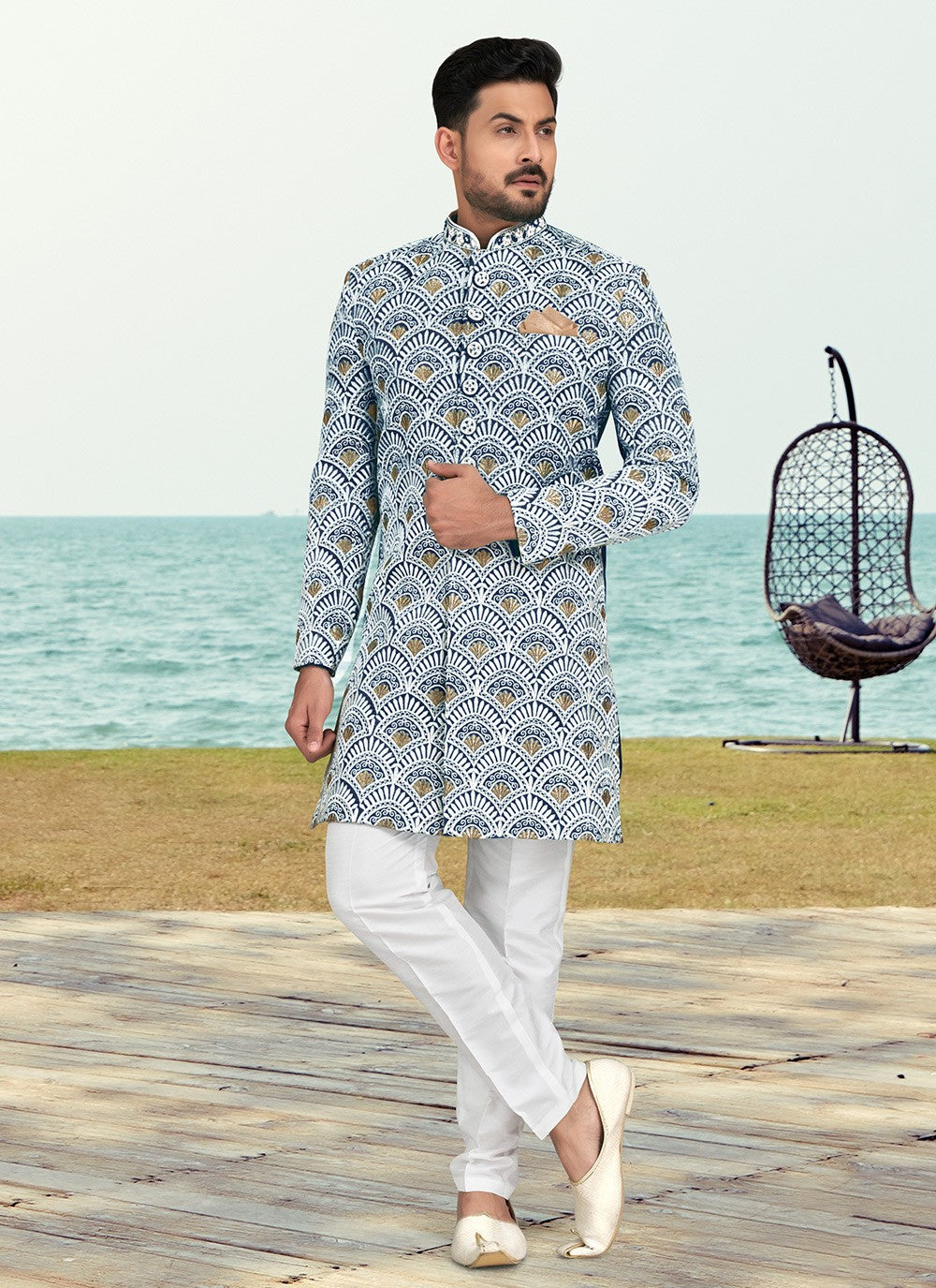Hand Embroidery Banarasi Silk Blue, Off White Sherwani - M6800