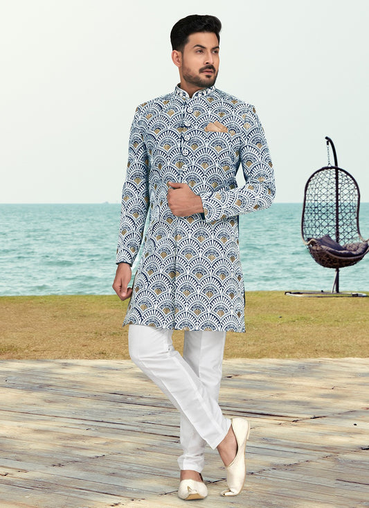Hand Embroidery Banarasi Silk Blue, Off White Sherwani - M6800