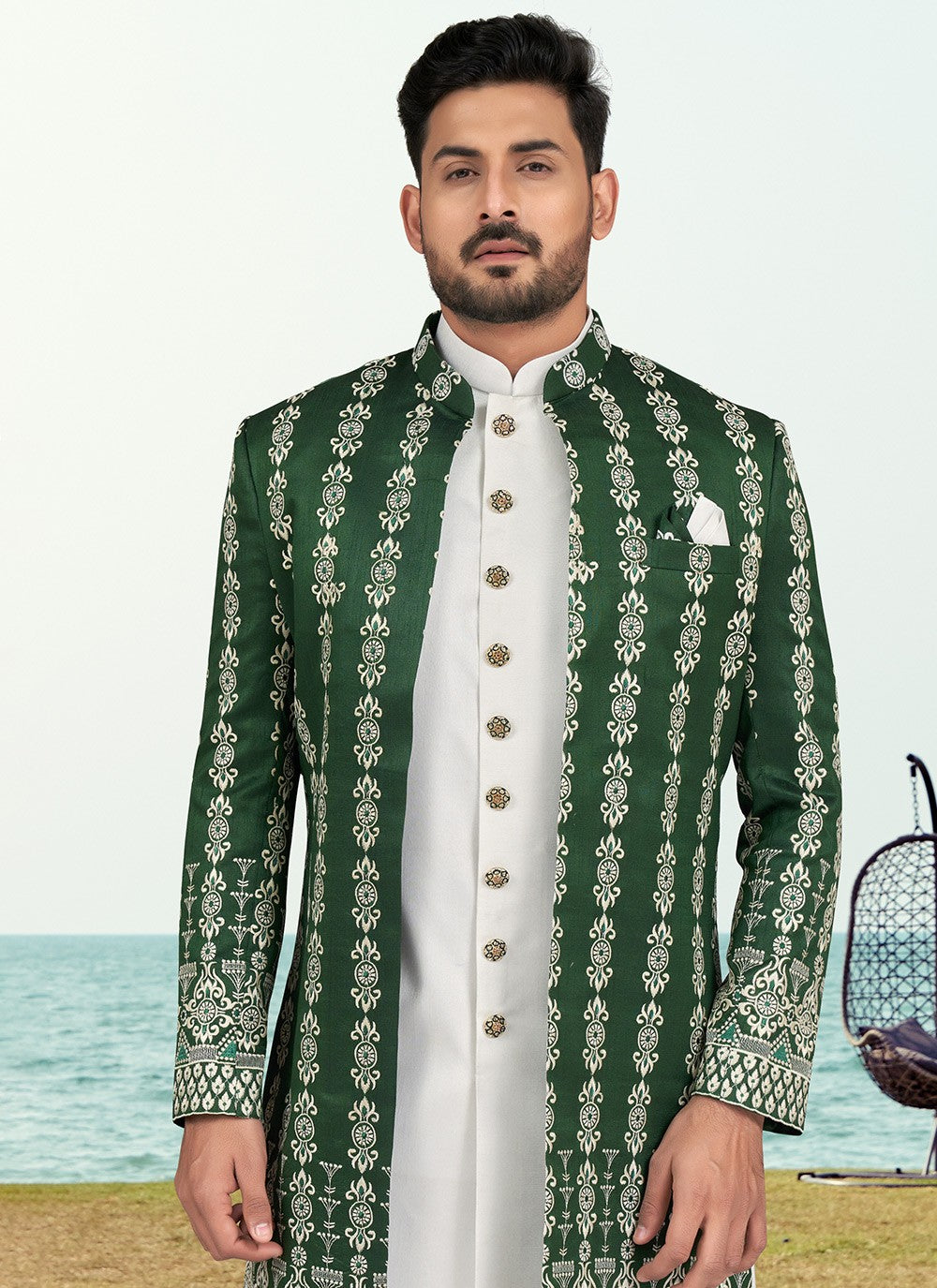 Machine Embroidery Banarasi Silk Green, Off White Sherwani - M6764