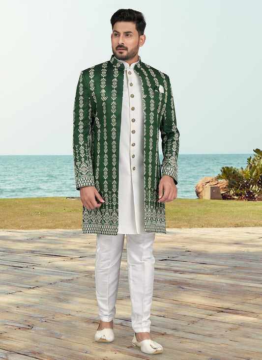 Machine Embroidery Banarasi Silk Green, Off White Sherwani - M6764