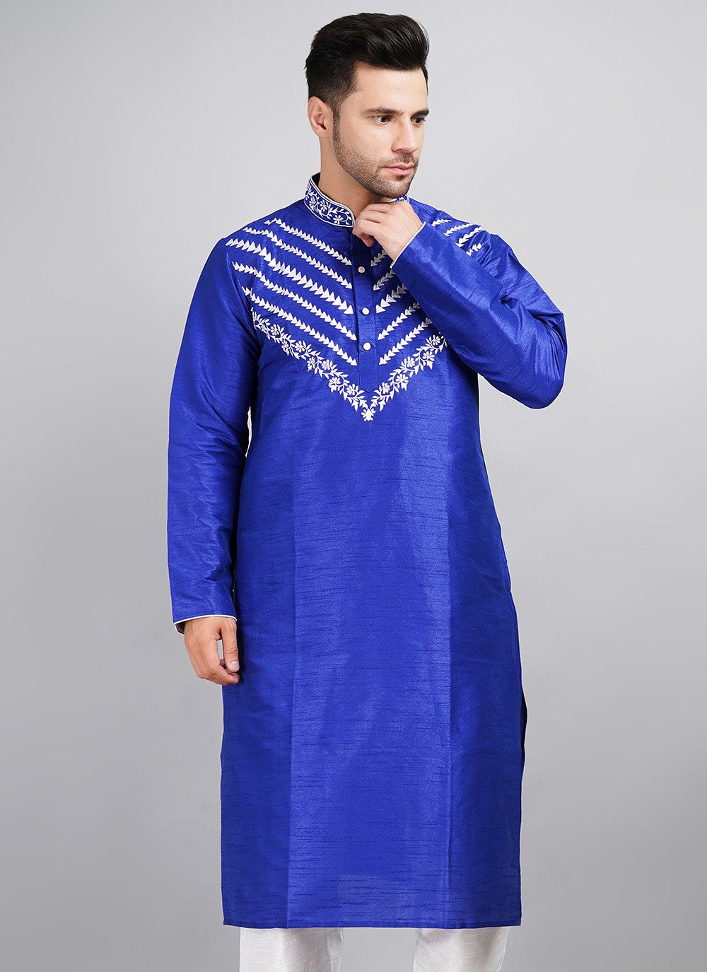Machine Embroidery Dupion Silk Blue Kurta - M5739