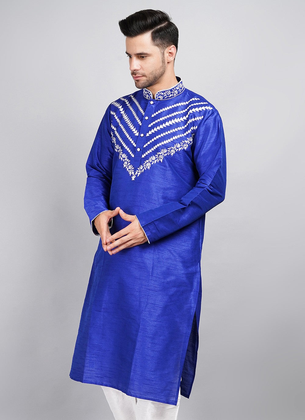 Machine Embroidery Dupion Silk Blue Kurta - M5739