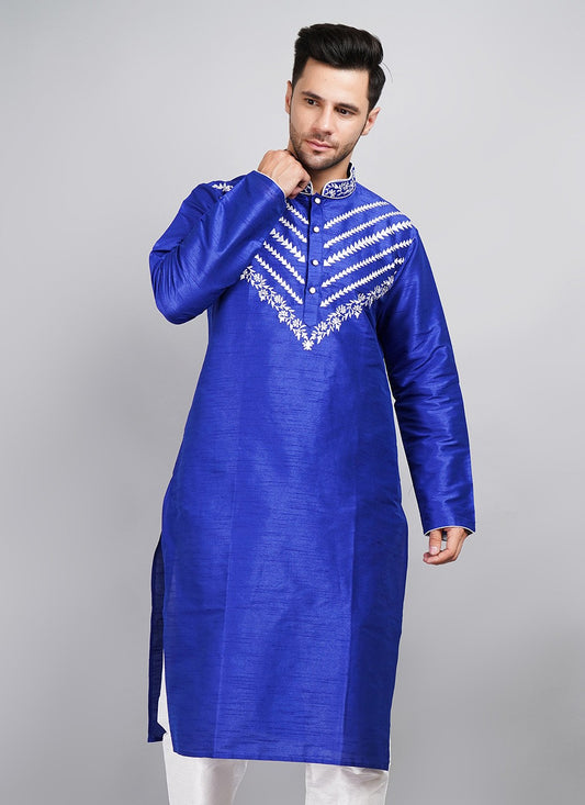 Machine Embroidery Dupion Silk Blue Kurta - M5739