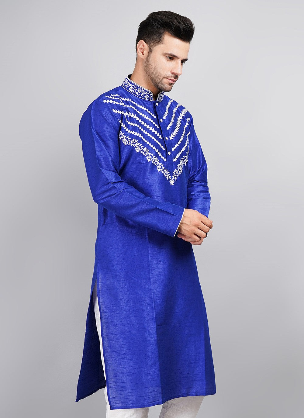 Machine Embroidery Dupion Silk Blue Kurta - M5739
