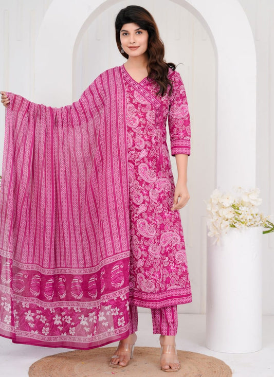 Salwar Suit Paisley Printed Magenta, Pink Cotton T5673