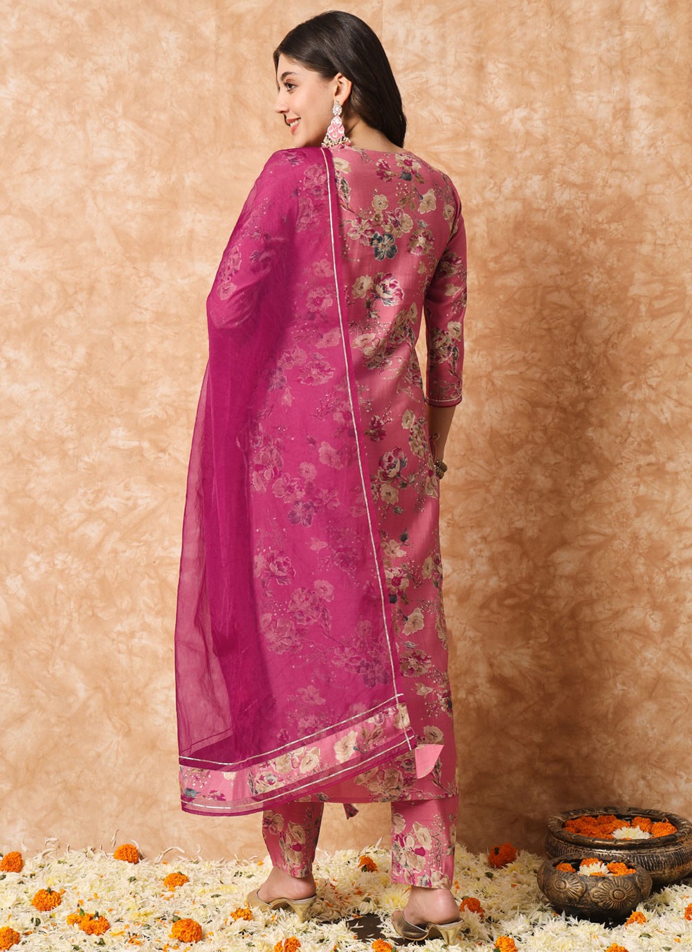 Pant Style Suit Embroidered, Floral Printed Magenta T6702