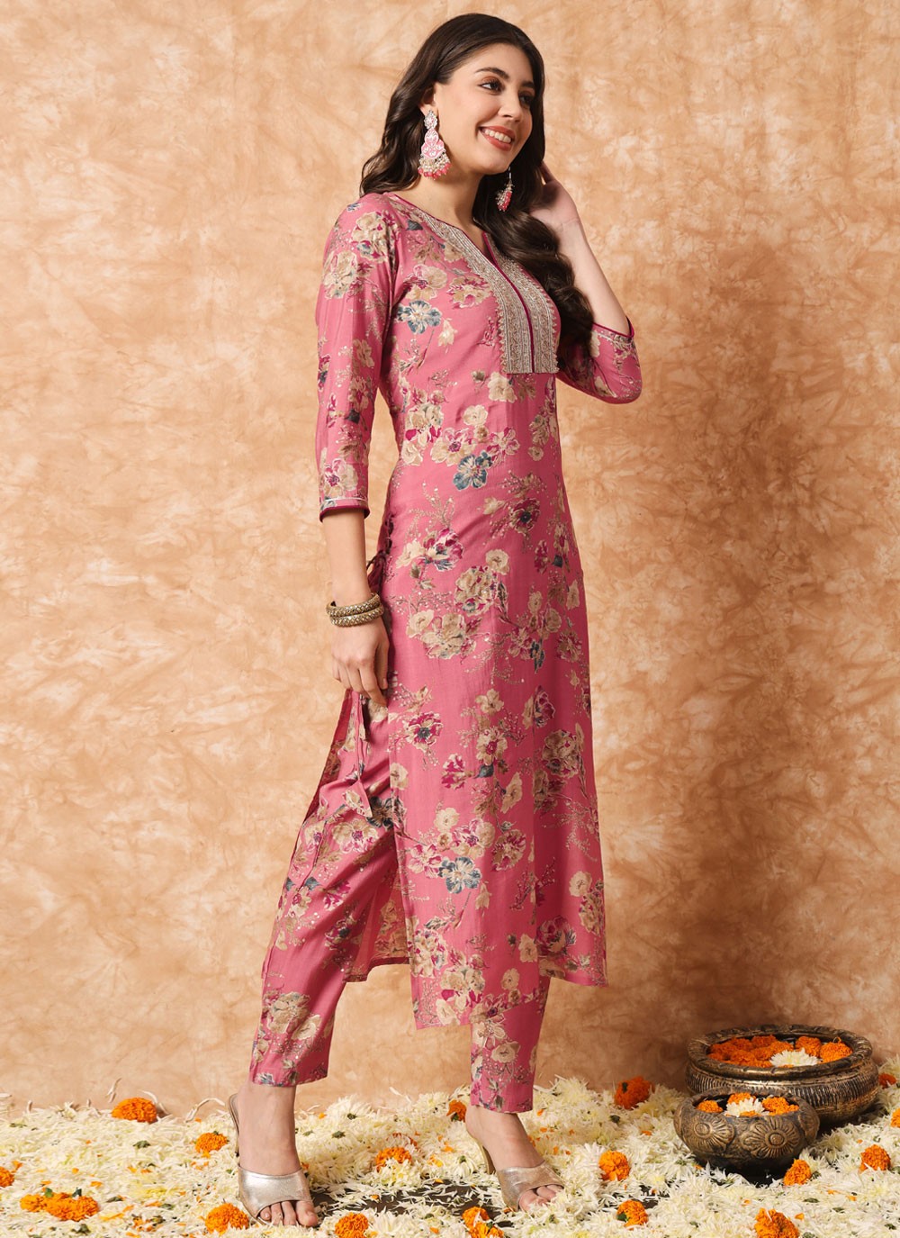 Pant Style Suit Embroidered, Floral Printed Magenta T6702
