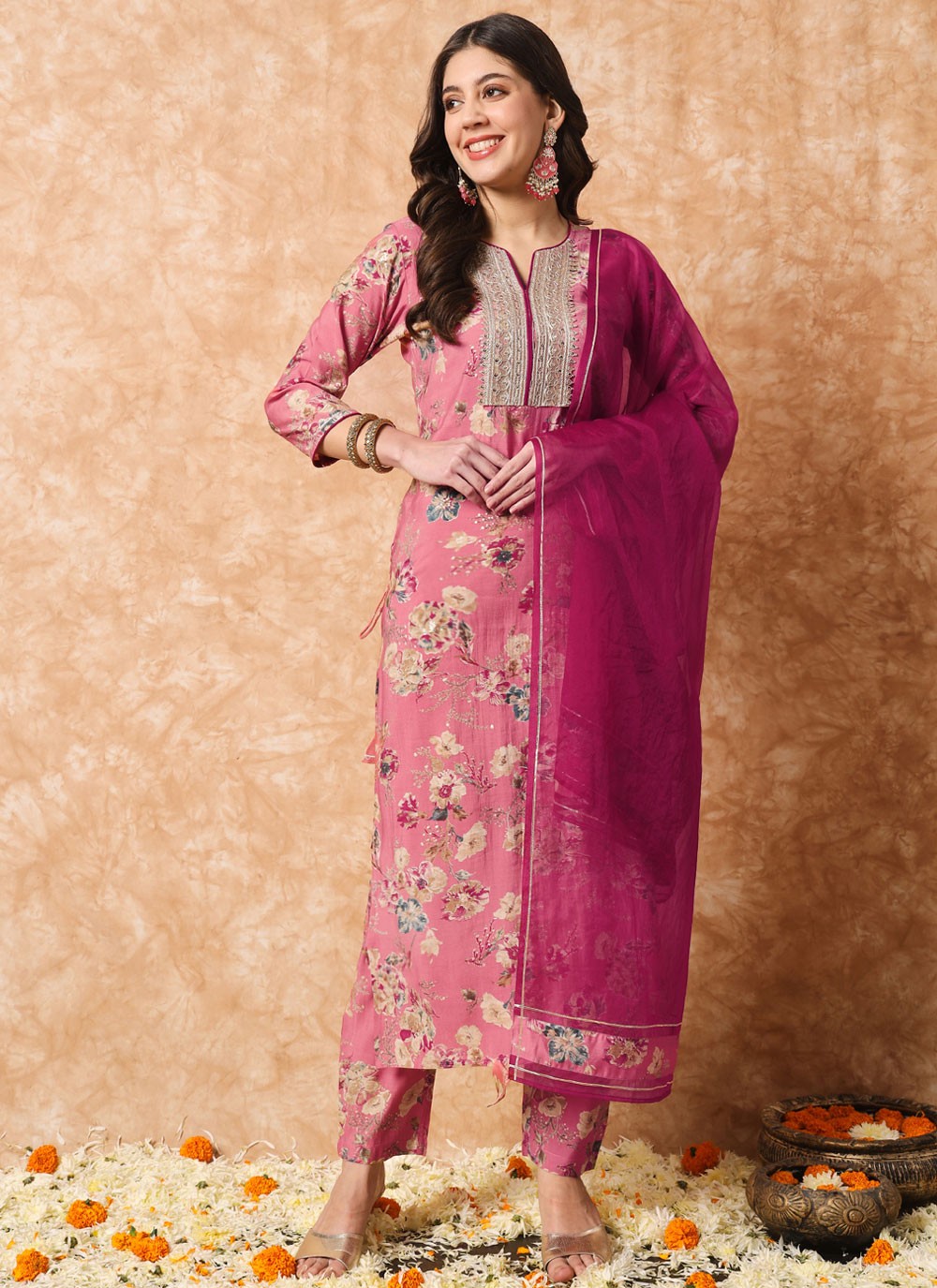 Pant Style Suit Embroidered, Floral Printed Magenta T6702