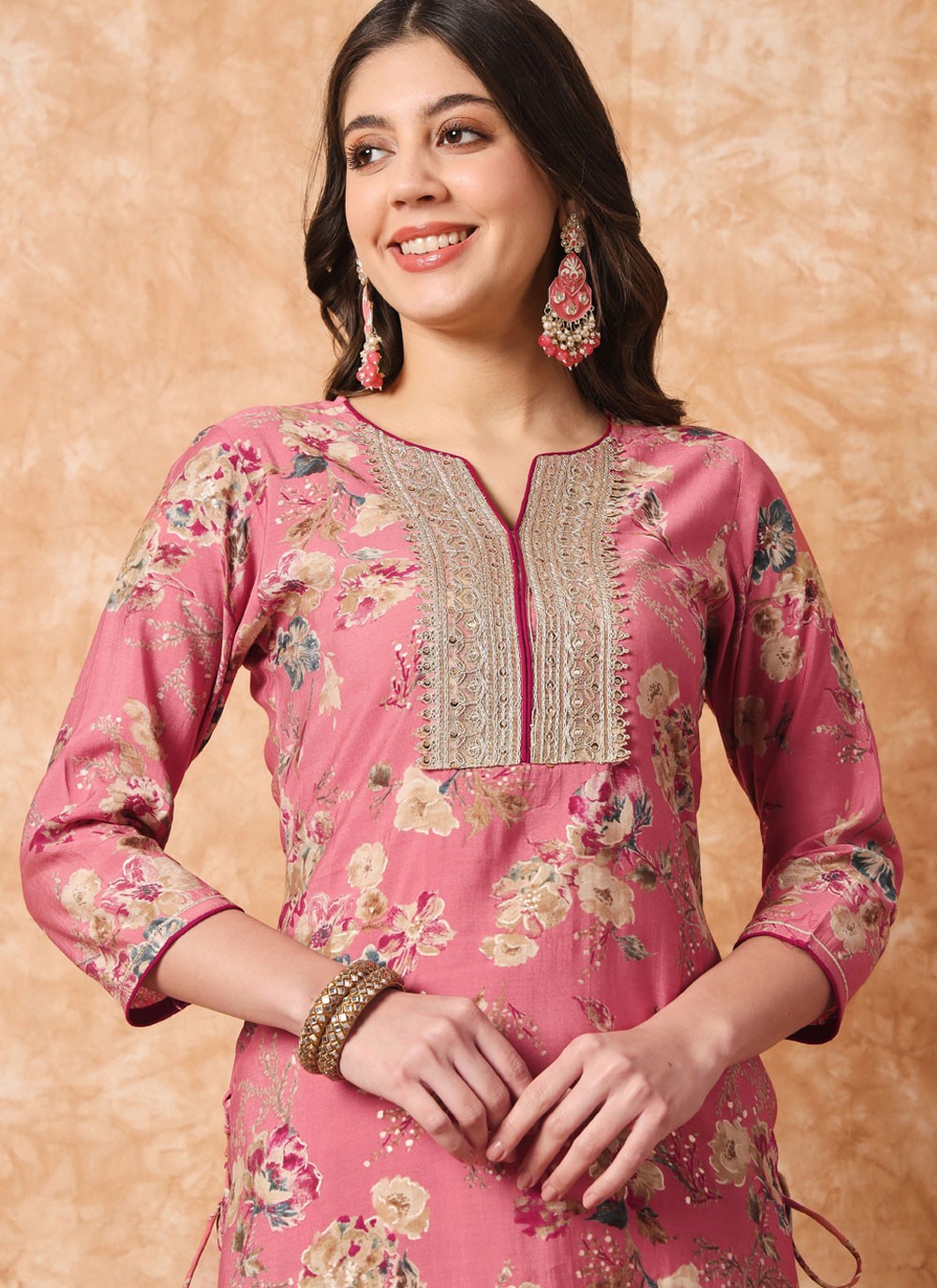 Pant Style Suit Embroidered, Floral Printed Magenta T6702