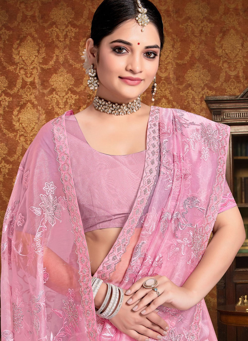 Traditional Embroidered Magenta, Pink Organza Saree S13254
