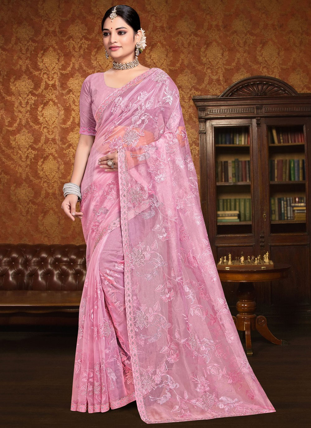 Traditional Embroidered Magenta, Pink Organza Saree S13254