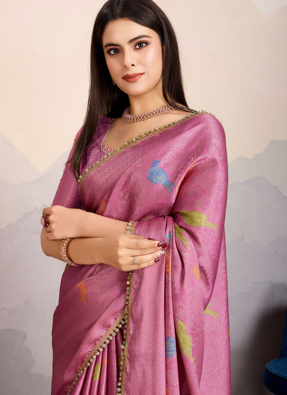 Traditional Border Work Magenta, Purple Brocade Saree S13583