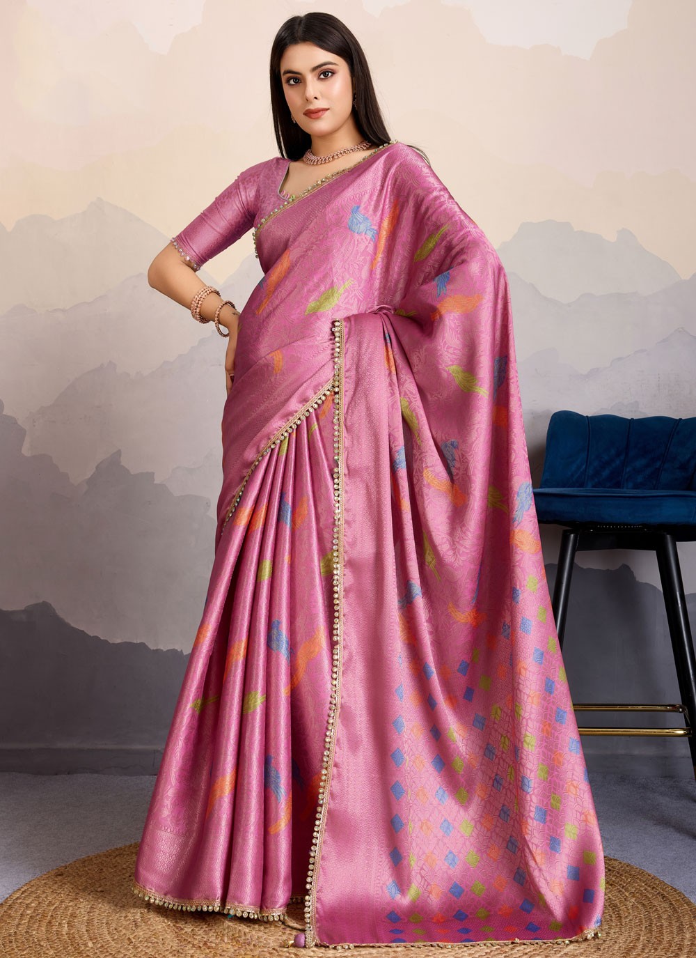 Traditional Border Work Magenta, Purple Brocade Saree S13583