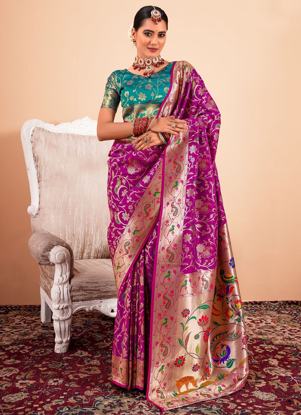 Contemporary Border Work Magenta, Purple Paithni Saree S13306