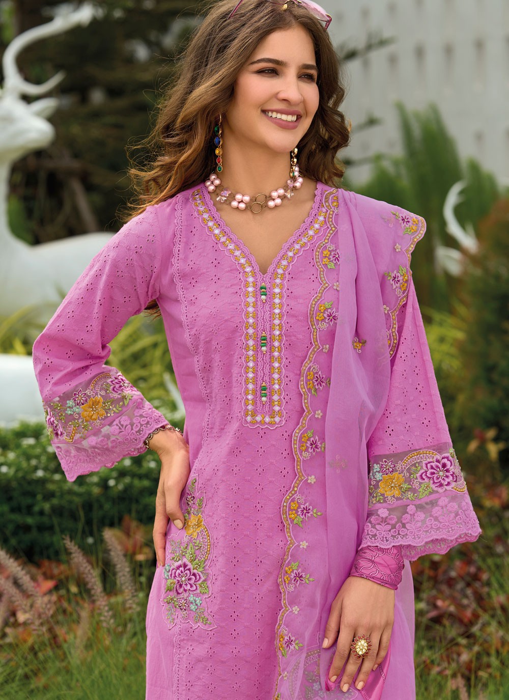 Pant Style Suit Embroidered Magenta T7415