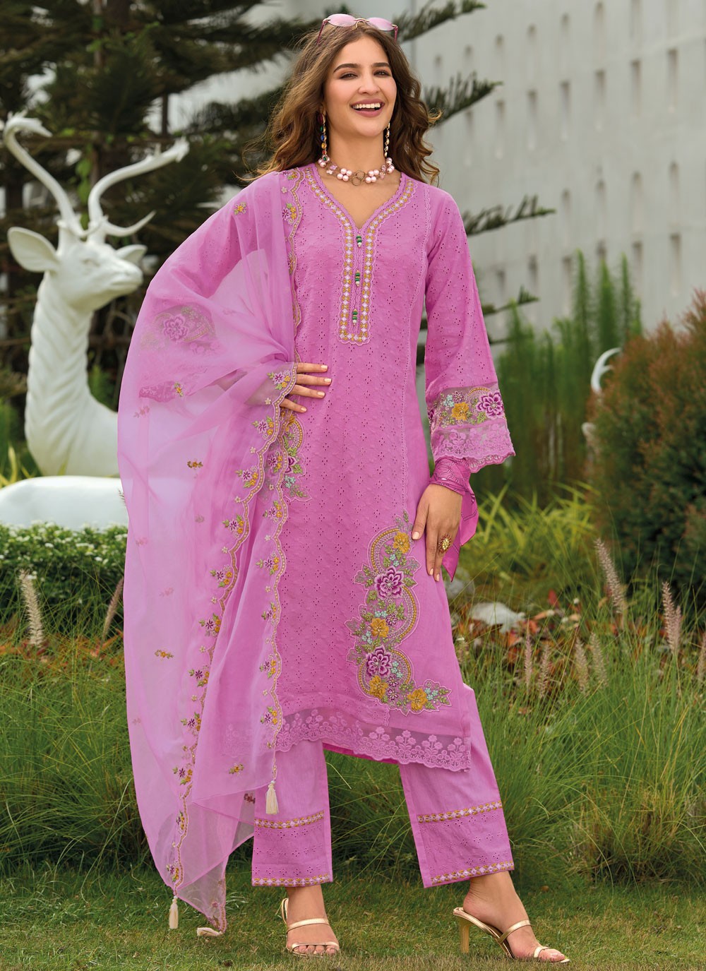 Pant Style Suit Embroidered Magenta T7415