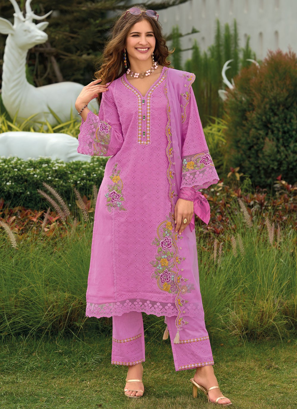 Pant Style Suit Embroidered Magenta T7415