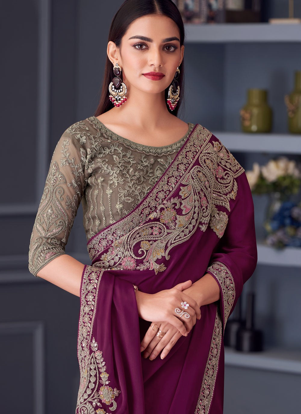 Embroidered Satin Silk Magenta Saree S14588