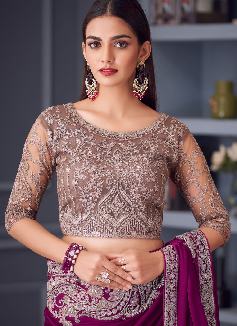 Embroidered Satin Silk Magenta Saree S14588