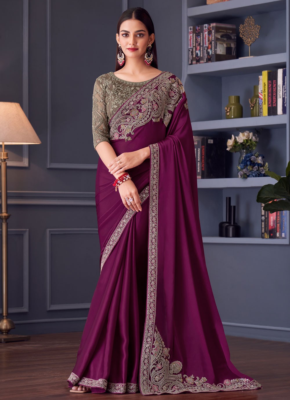 Embroidered Satin Silk Magenta Saree S14588