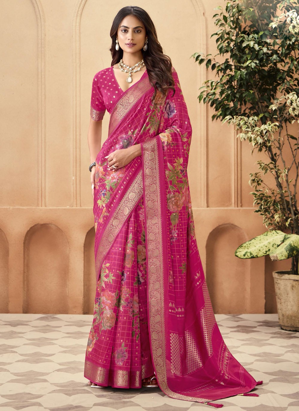 Hot Pink Silk Designer Saree Printed, Weaving Zari S16292