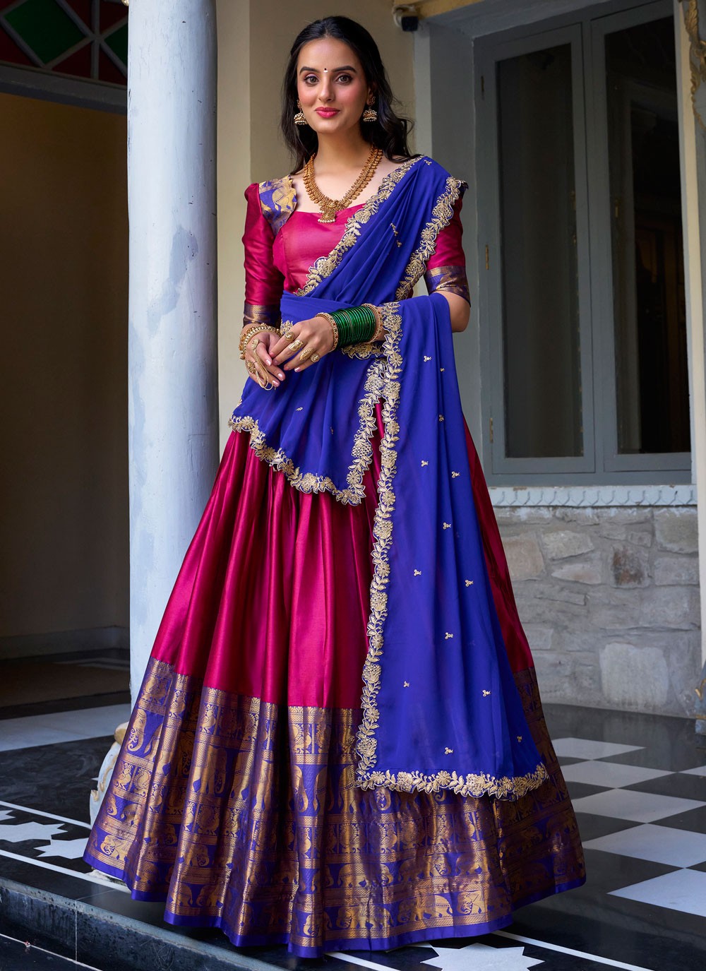 Weaving Zari Fancy Fabric Hot Pink Lehenga Choli L3703